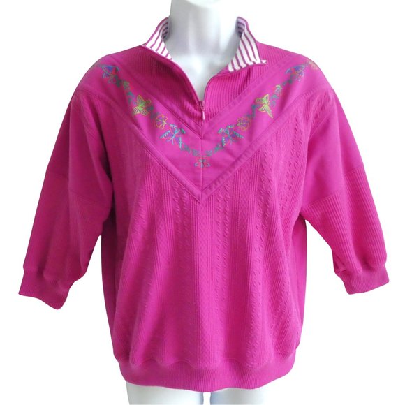 Vintage 70s Mixed Media Sweatshirt Sweater Quarter Zip Butterflies Mock Neck M - Picture 8 of 8
